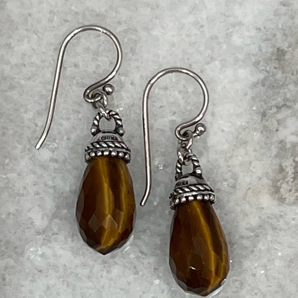 South African Tiger’s Eye Sterling Silver Crowned Drop Earrings - Picture 5 of 10